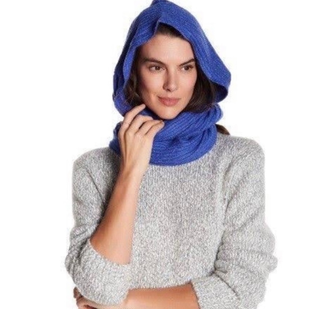 NEW! Free People Scarf Hooded Sweater Wrap Swing Ribbed Knit Cropped Blue.